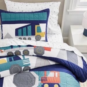 Pottery Barn Kids Construction Quilt Set - Blue, Red, Gray